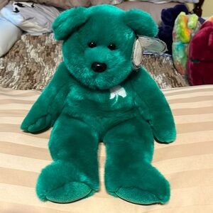 Ty Beanie Buddy Erin the Irish bear emerald green w/ white shamrock embroidered